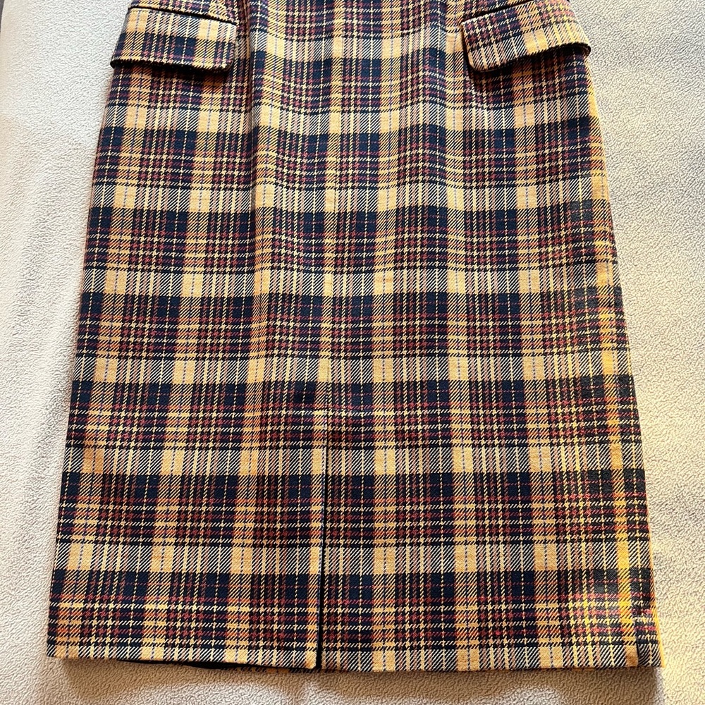 REMAIN Plaid Pencil Midi Skirt in Cream, Brown & Burgundy